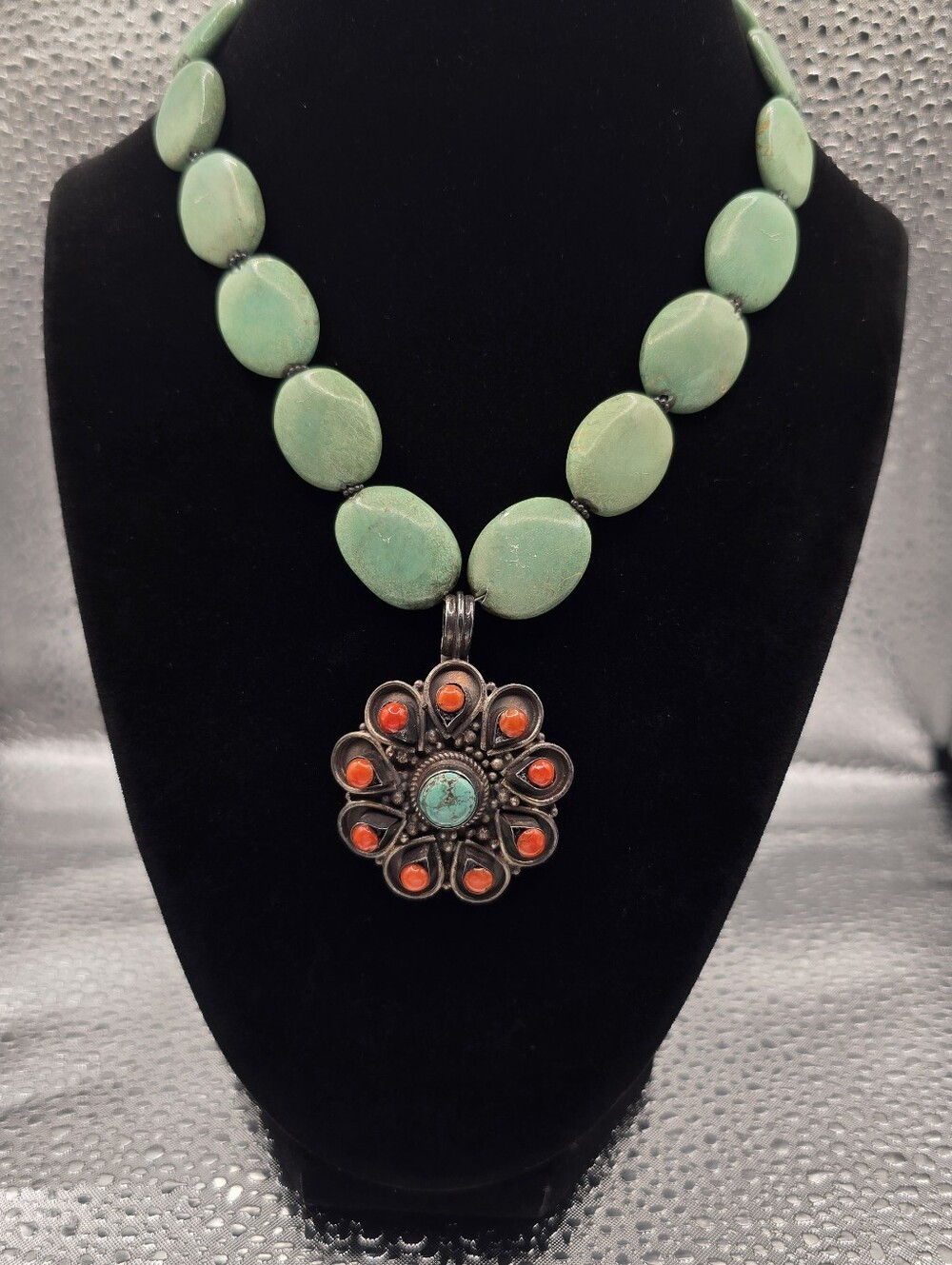 Vtg Sterling Silver Turquoise and Spiny Oyster Pendant 16 Inch Beaded Necklace